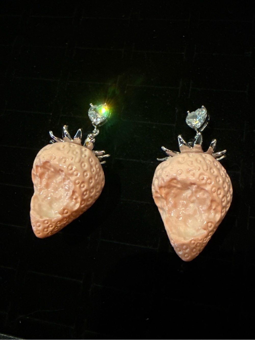 Bitten pink Strawberry Drop Earrings with Silver Accents